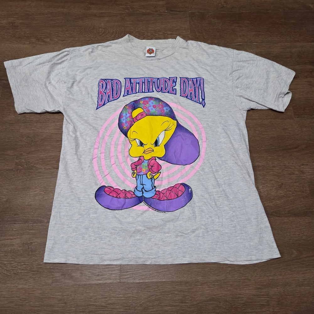 Vintage 1998 Looney Tunes Tweety Bird Bad Attitude Day T-Shirt Grey XL 90s WB